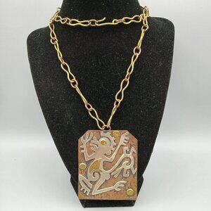 Casa Maya Aztec Tribal Monkey Mexico Brass Copper Necklace Pendant VTG Estate